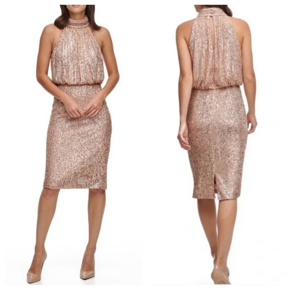 Sleeveless Sequin High-Neck Rose Gold Dress Sz 6